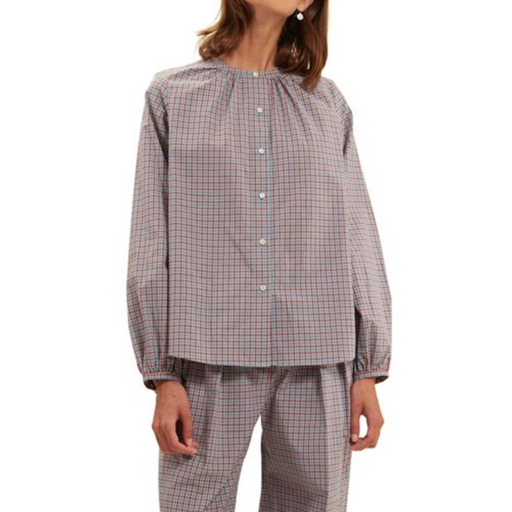 Ines de la Fressange Paris Joséphine Blouse Plaid Cotton Size 38 Small Womens
